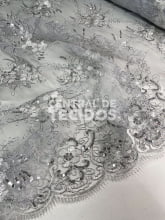 Tule Bordado Metálico GODESS 558 Branco Prata