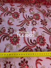Tule Bordado Metálico GODESS 668 Vermelho com Dourado Tule Bordado Metálico GODESS 668 Vermelho com Dourado