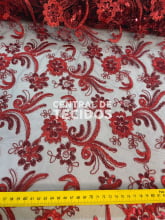 Tule Bordado Metálico GODESS Vermelho com Preto