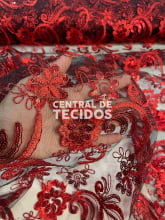 Tule Bordado Metálico GODESS Vermelho com Preto