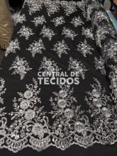 Tule Bordado Metálico Soho Preto com Prata 252