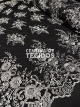 Tule Bordado Metálico Soho Preto com Prata 252
