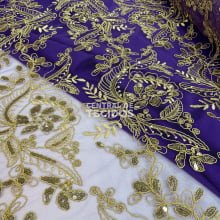 Tule Bordado Metálico Soho Roxo e Dourado 1