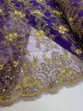 Tule Bordado Metalic Roxo com Dourado