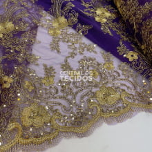 Tule Bordado Metalic Roxo com Dourado