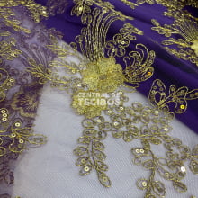 Tule Bordado Metálico Soho Roxo e Dourado 2