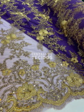 Tule Bordado Metalic Roxo com Dourado