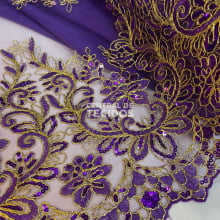 Tule Bordado Metalic Roxo com Dourado