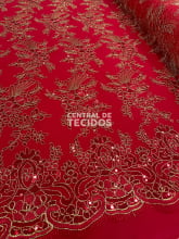 Tule Bordado Metalic Soho Vermelho com Dourado