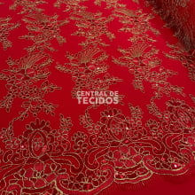 Tule Bordado Metalic Soho Vermelho com Dourado