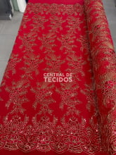 Tule Bordado Metalic Soho Vermelho com Dourado