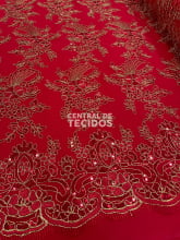 Tule Bordado Metalic Soho Vermelho com Dourado