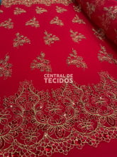 Tule Bordado Metalic Soho Vermelho com Dourado