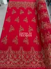 Tule Bordado Metalic Soho Vermelho com Dourado