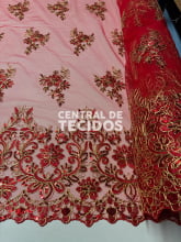 Tule Bordado Metálico Soho Vermelho com Dourado 251