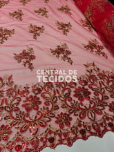 Tule Bordado Metálico Soho Vermelho com Dourado 251
