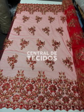 Tule Bordado Metálico Soho Vermelho com Dourado 251