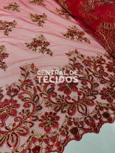 Tule Bordado Metálico Soho Vermelho com Dourado 251