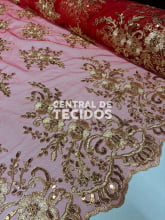 Tule Bordado Metálico Soho Vermelho com Dourado 252
