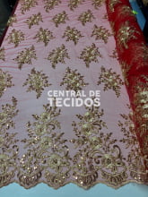 Tule Bordado Metálico Soho Vermelho com Dourado 252