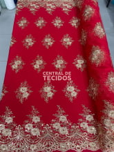 Tule Bordado Metalic Soho Vermelho com Dourado