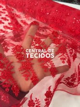 Tule Bordado Paetê GODESS 554 Vermelho