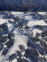 Tule Bordado Pedraria Azul Marinho