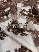 Tule Bordado Pedraria Marrom