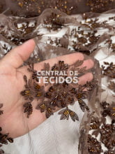 Tule Bordado Pedraria Marrom