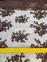 Tule Bordado Pedraria Marrom