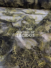 Tule Bordado Preto com Dourado