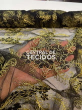 Tule Bordado Preto com Dourado