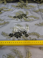 Tule Bordado Preto com Dourado