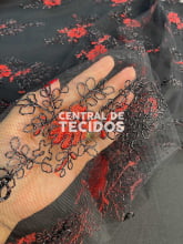 Tule Bordado Preto com Vermelho