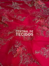 Tule Bordado Vermelho com Dourado