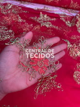 Tule Bordado Vermelho com Dourado