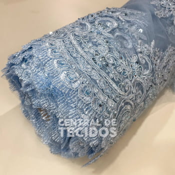 Tule Bordado Pedraria Venus | Azul Serenity