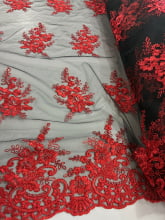 Tule Bordado Corda Metálica Preto com Vermelho Tule Bordado Corda Metálica Preto com Vermelho