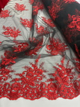 Tule Bordado Corda Metálica Preto com Vermelho