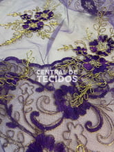 Tule Bordado Corda Metálica Roxo com Dourado