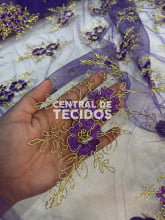 Tule Bordado Corda Metálica Roxo com Dourado