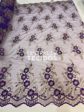 Tule Bordado Corda Metálica Roxo com Dourado