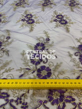Tule Bordado Corda Metálica Roxo com Dourado