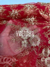 Tule Bordado Corda Metálica | Vermelho e Dourado Tule Bordado Corda Metálica | Vermelho e Dourado