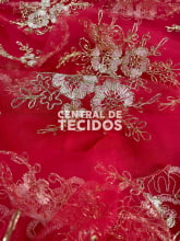 Tule Bordado Corda Metálica | Vermelho e Dourado Tule Bordado Corda Metálica | Vermelho e Dourado