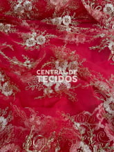 Tule Bordado Corda Metálica | Vermelho e Dourado