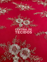Tule Bordado Corda Metálica | Vermelho e Dourado