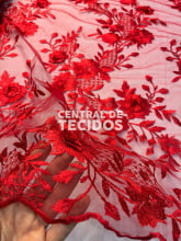 Tule Bordado London 3D Vermelho Des2