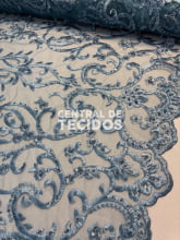 Tule Bordado Pedraria Arabesc Azul Jeans