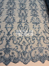 Tule Bordado Pedraria Arabesc Azul Jeans